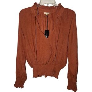 Articles of‎ Society Rust Smocked Waist Ruffle Neck Long Sleeve Blouse Medium